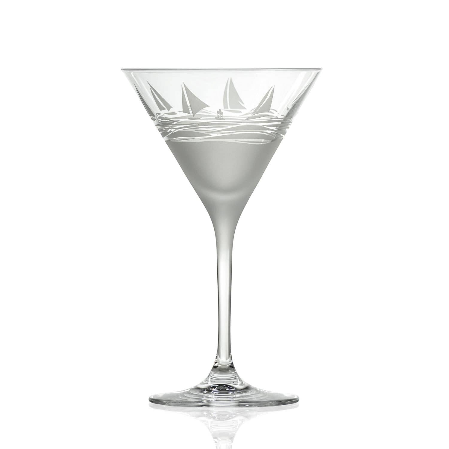 Mellow Monkey Regatta martini glass with sand-etched sailboat design and frosted base, 10-ounce capacity.