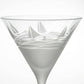 Mellow Monkey Regatta 10-oz martini glass with sand-etched sailboat and ocean wave design on frosted glass base