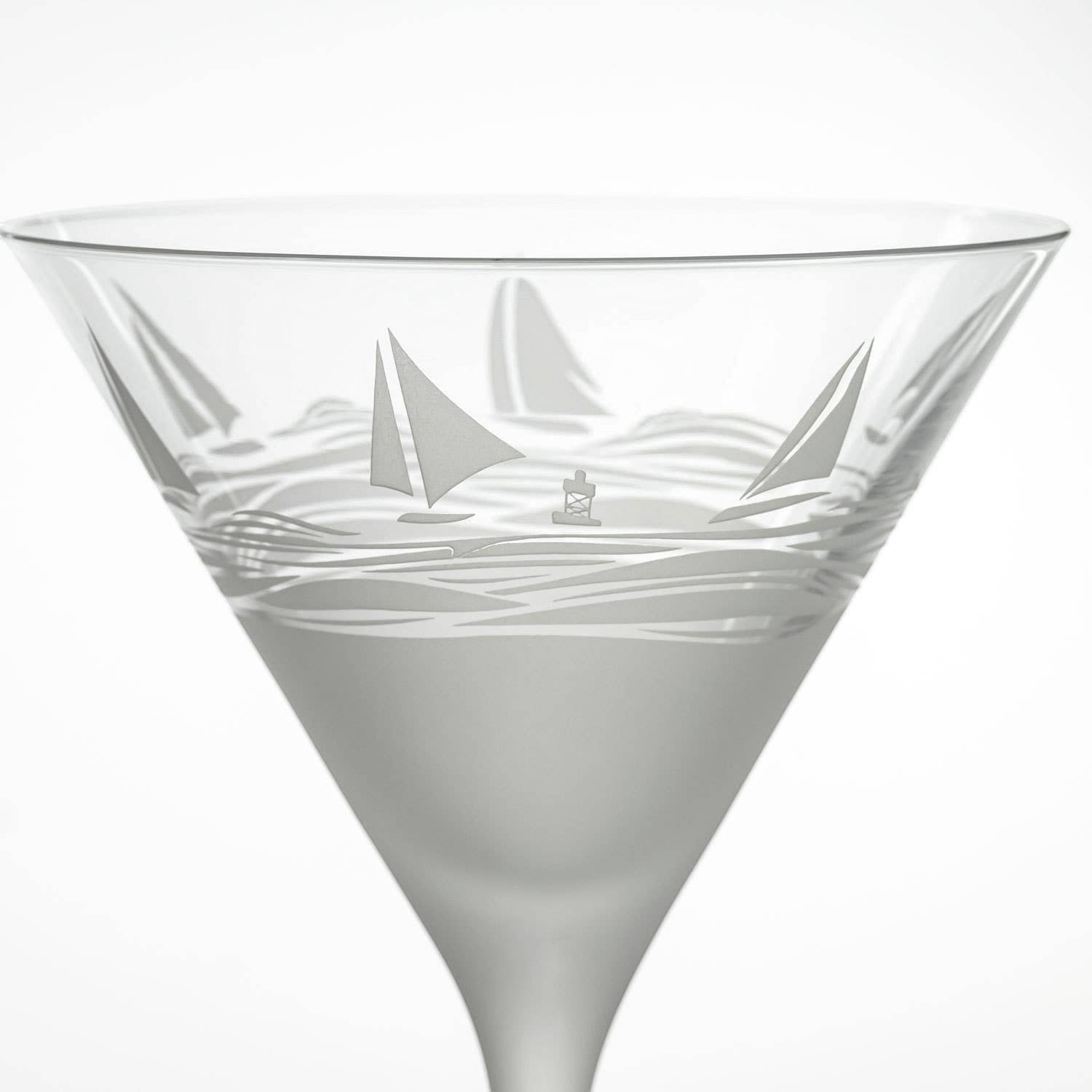 Mellow Monkey Regatta 10-oz martini glass with sand-etched sailboat and ocean wave design on frosted glass base