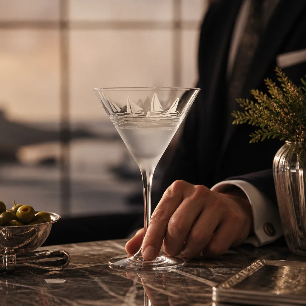 Mellow Monkey Regatta martini glass with sand-etched sailboat design and frosted base held by a man in a suit.