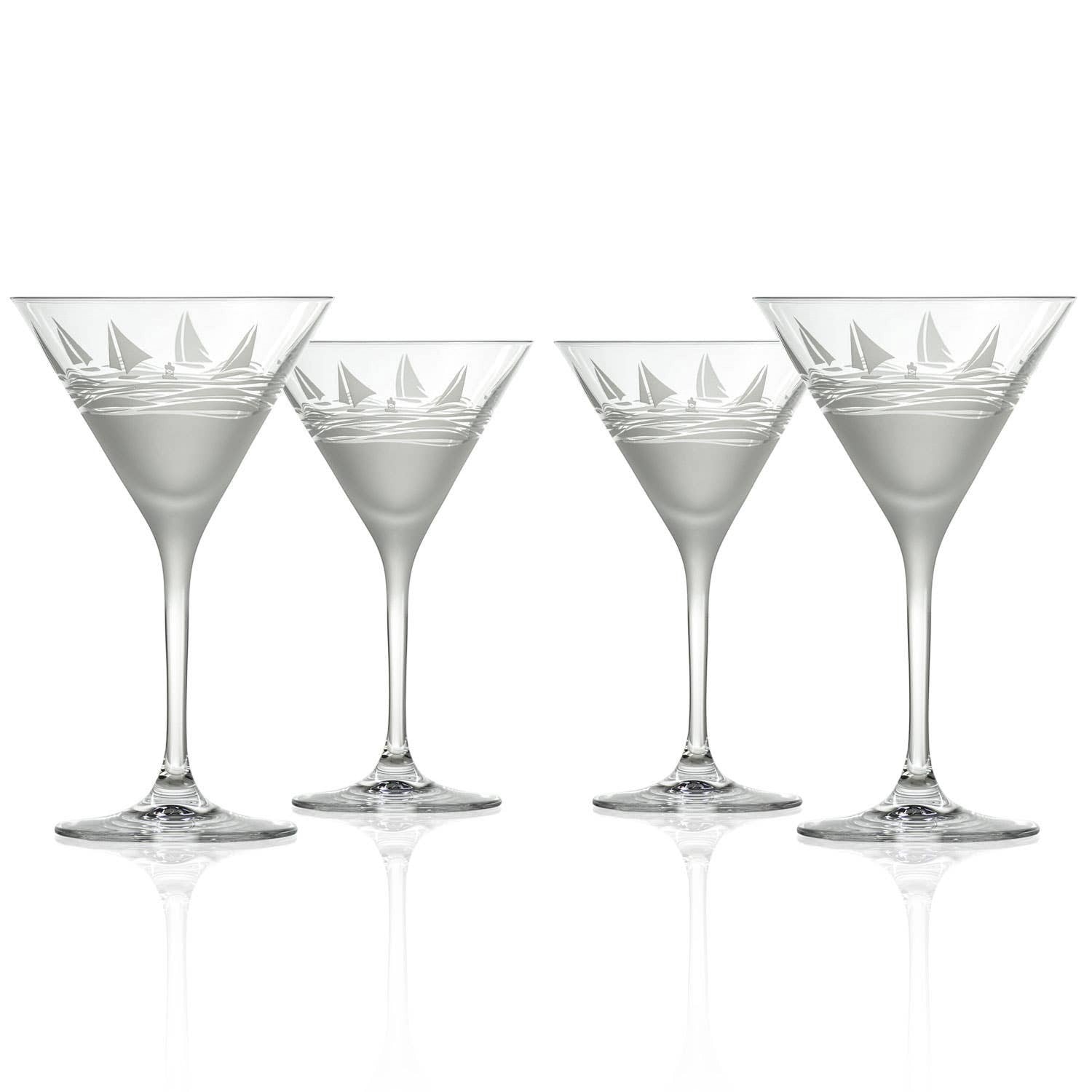 Mellow Monkey Regatta martini glasses featuring sand-etched sailboat designs and frosted bases, set of four.