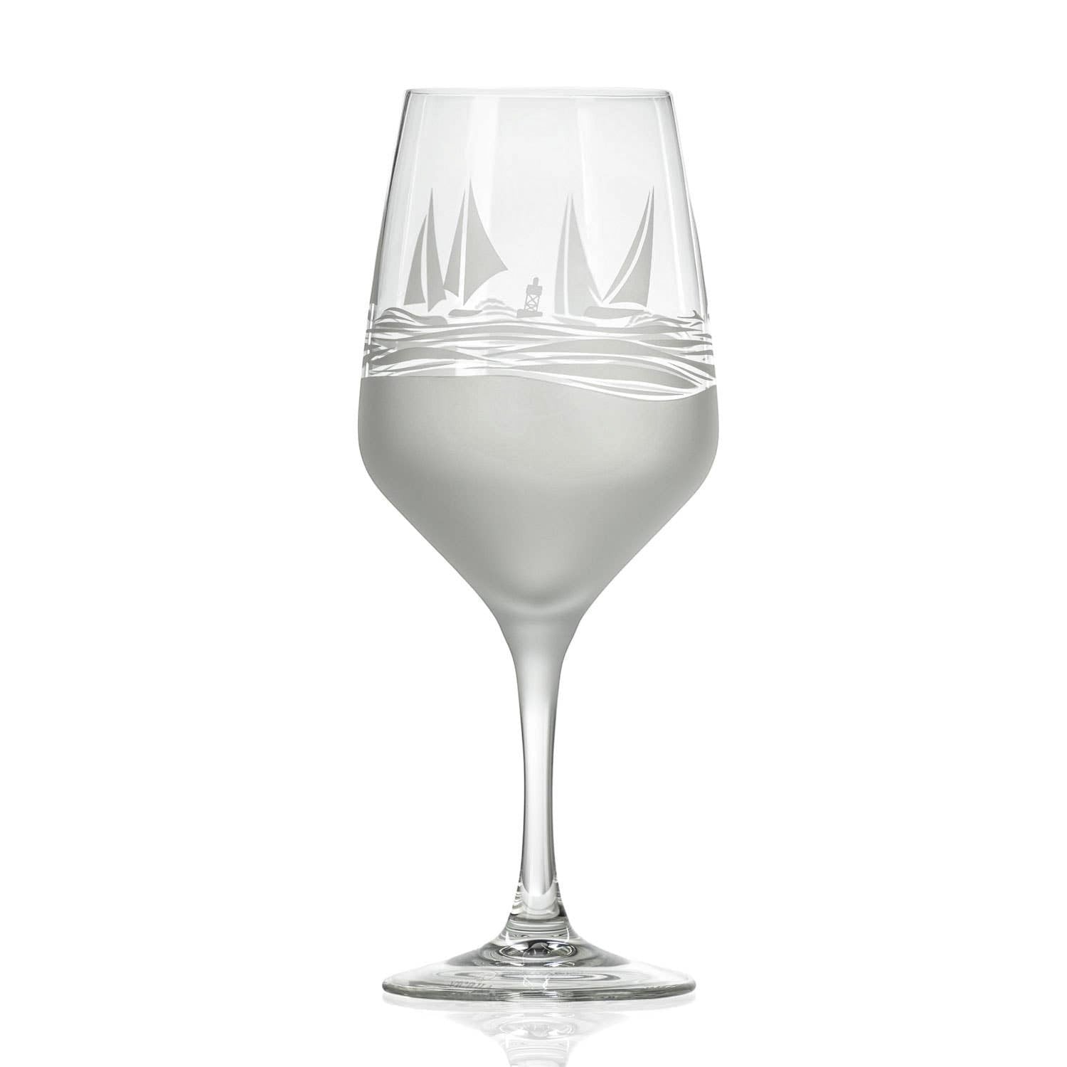 Mellow Monkey Regatta wine glass with sand-etched sailboat design and frosted base, 19.5-ounce capacity.