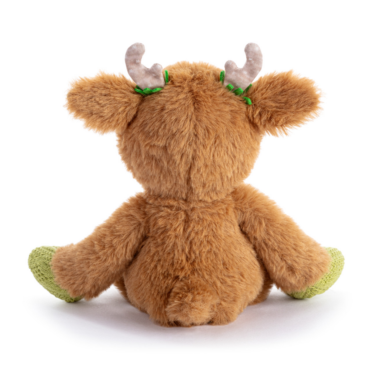 Back view of Mellow Monkey Holiday Oddball Mini Reindeer plush with shaggy brown fur and green knit hooves.
