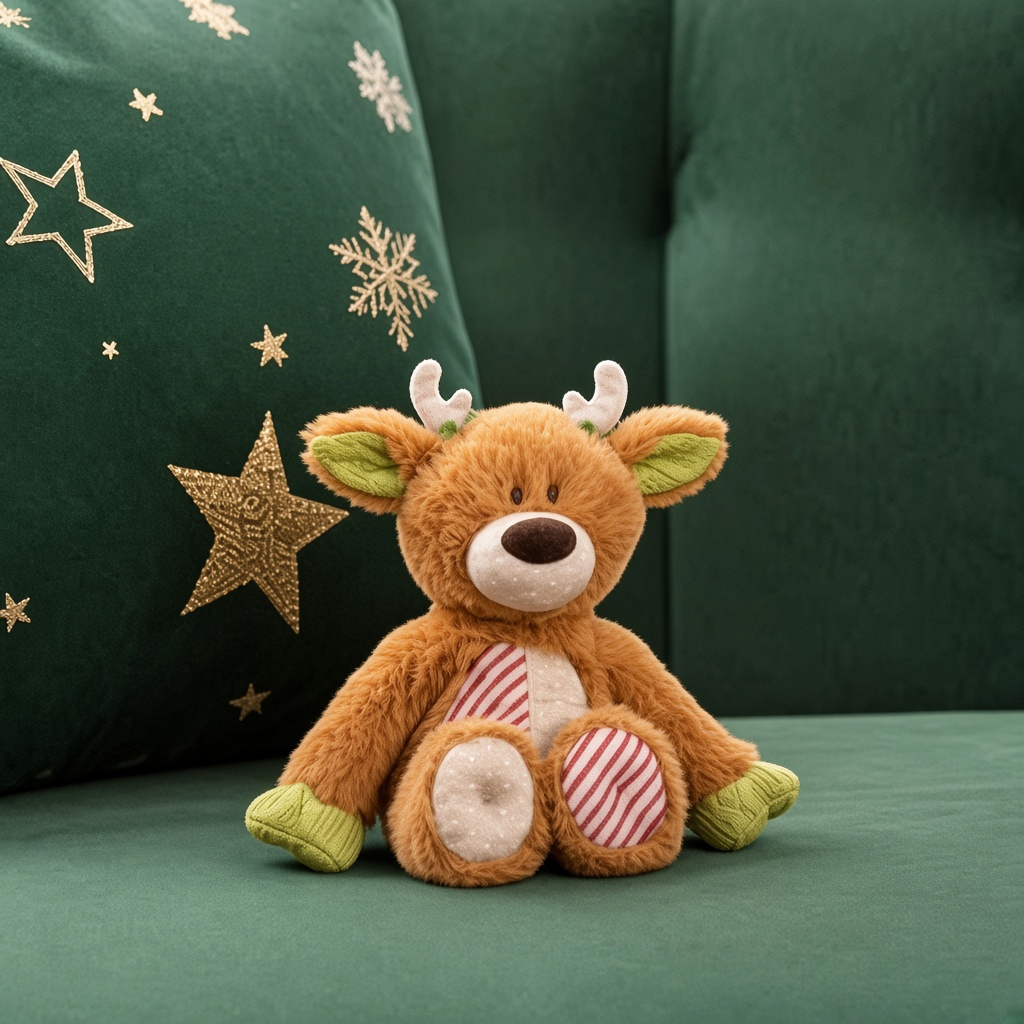 Mellow Monkey Holiday Oddball mini reindeer plush with shaggy brown fur, green accents, and striped chest detail.