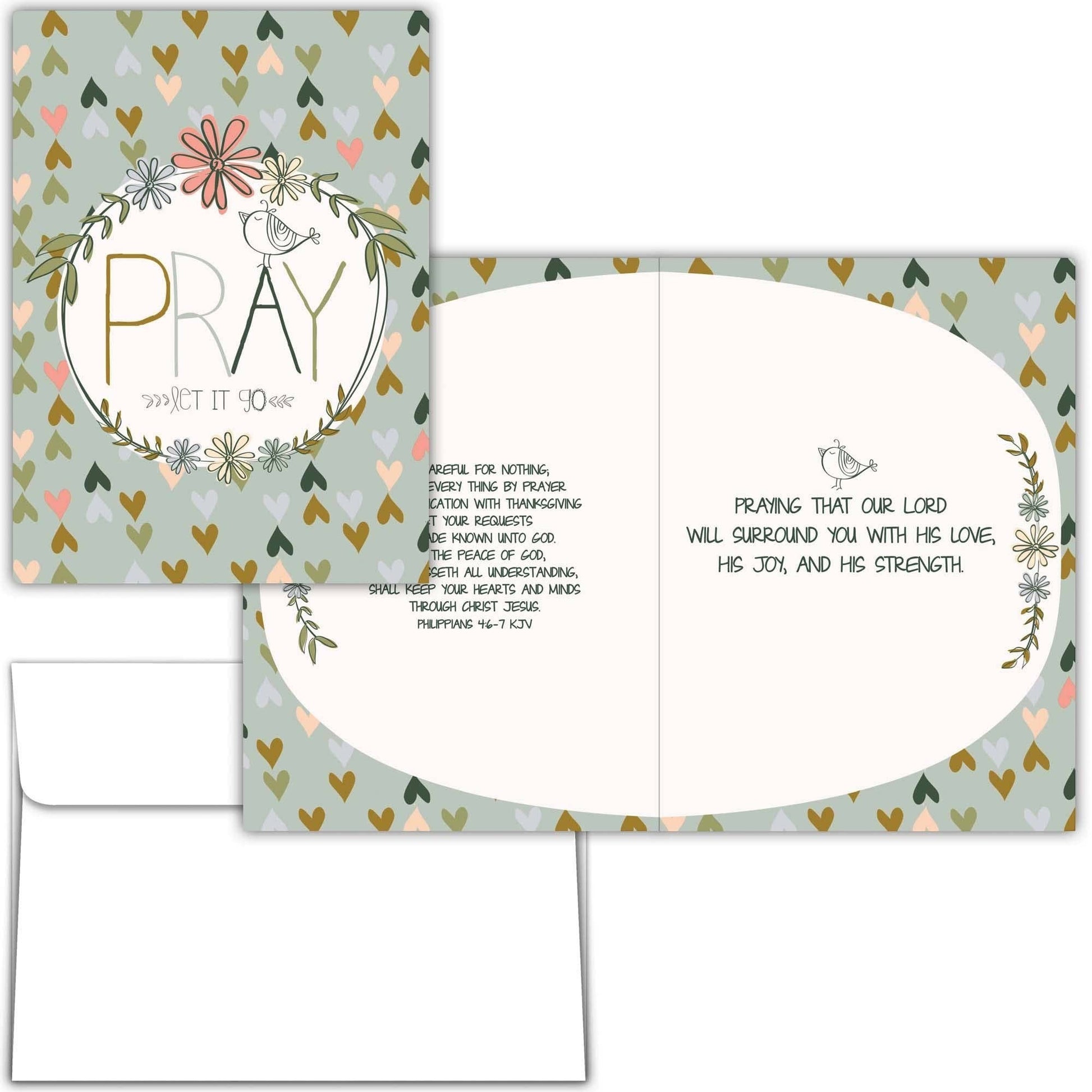Mellow Monkey boxed religious encouragement card featuring a floral Pray Let It Go design with KJV scripture inside.
