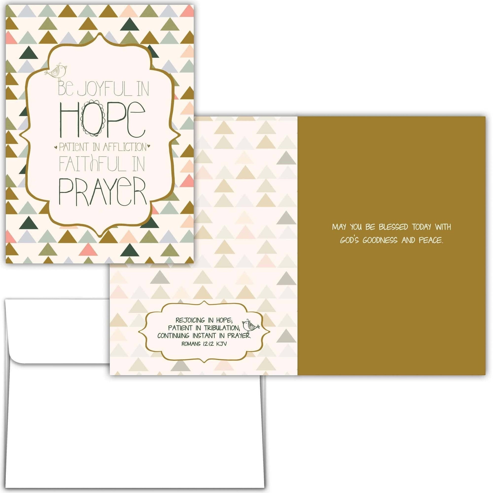 Mellow Monkey boxed religious encouragement cards featuring a geometric triangle pattern and KJV scripture verses.