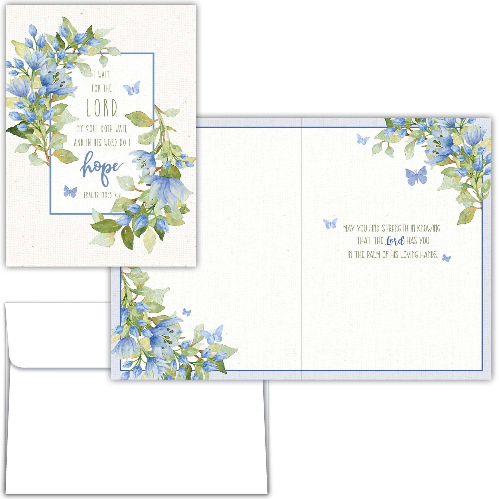 Mellow Monkey Bloom in Grace religious greeting cards featuring blue watercolor flowers and KJV scripture verses.
