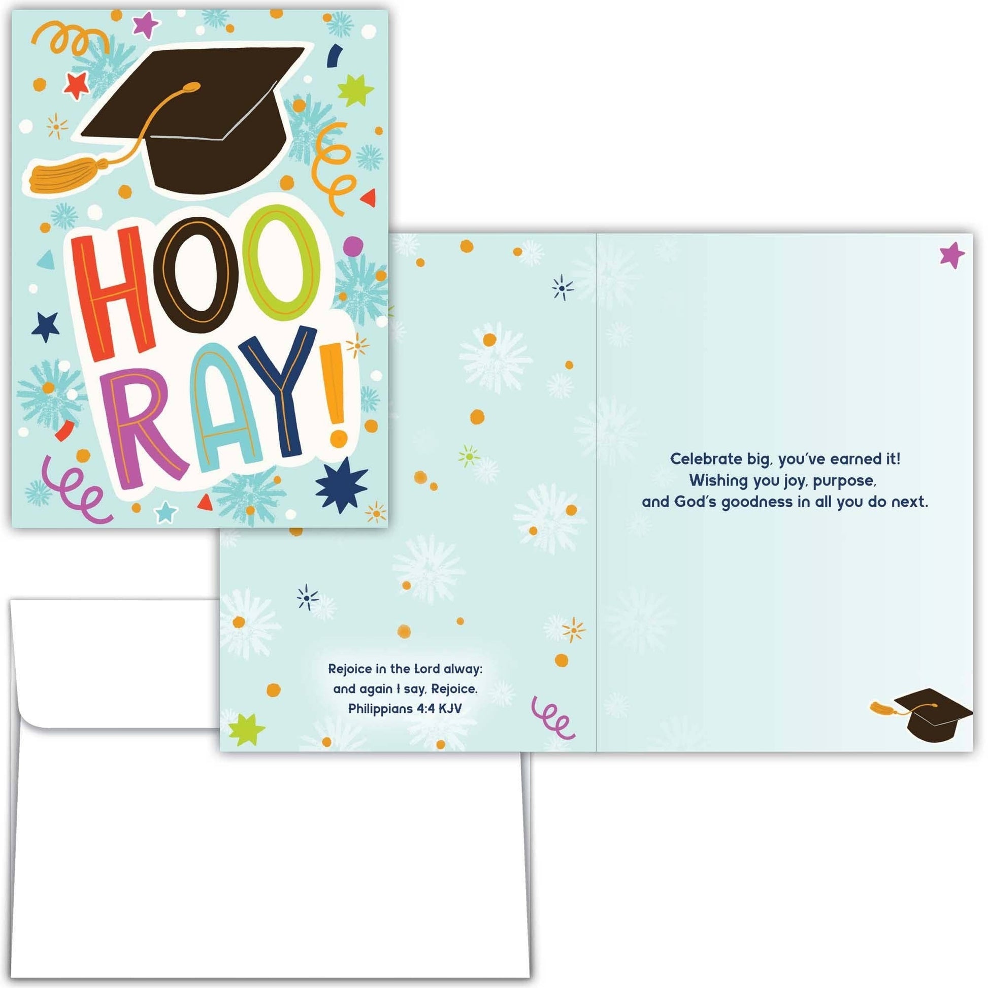 Mellow Monkey boxed religious graduation card set featuring a colorful Hooray design with KJV scripture and envelope.