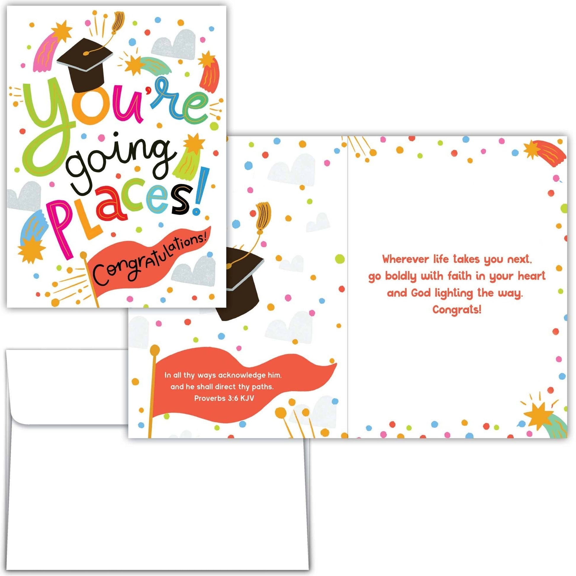 Mellow Monkey religious graduation card set featuring colorful confetti, graduation cap, and KJV scripture verses.