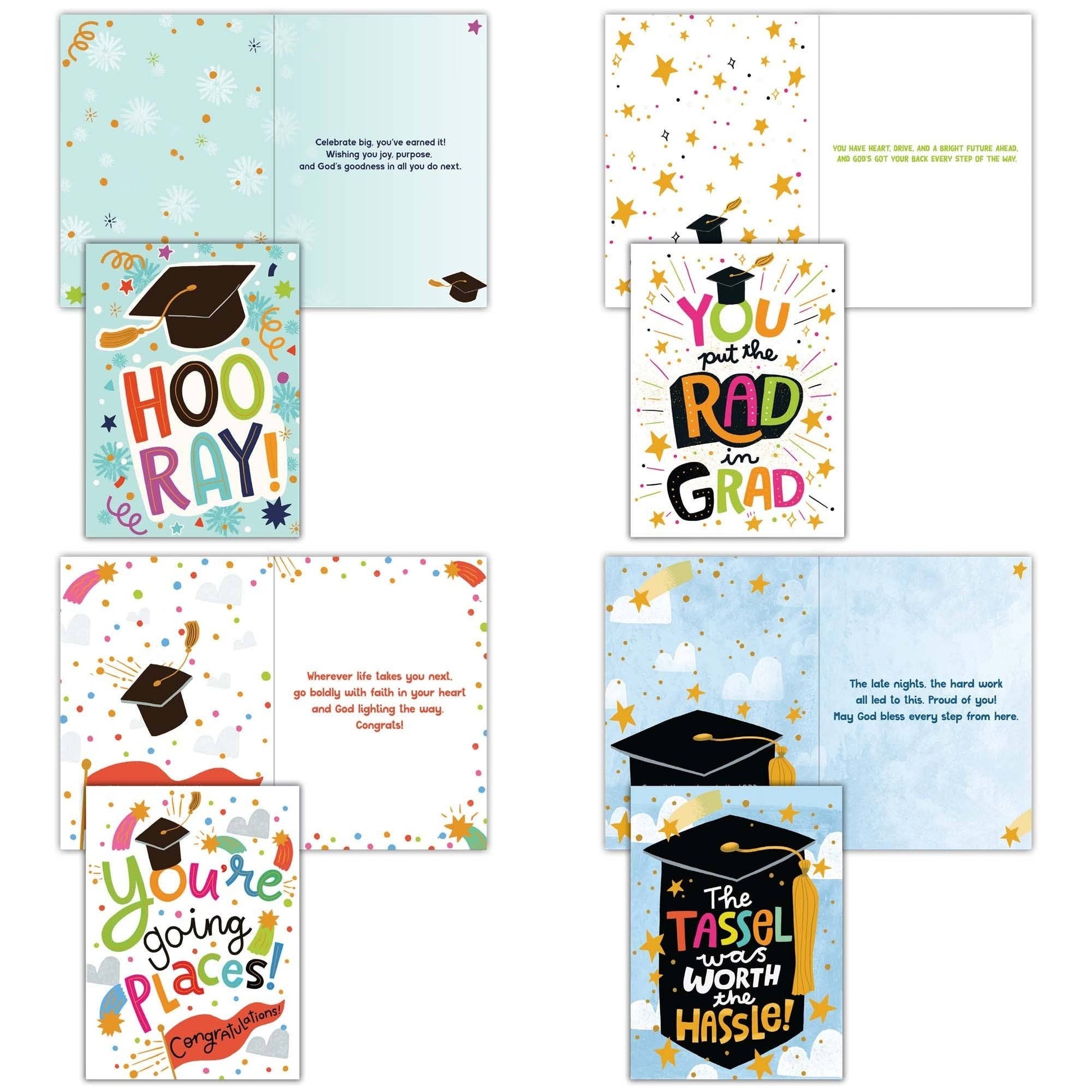 Mellow Monkey boxed set of 12 Christian graduation cards with KJV scripture and colorful celebratory designs