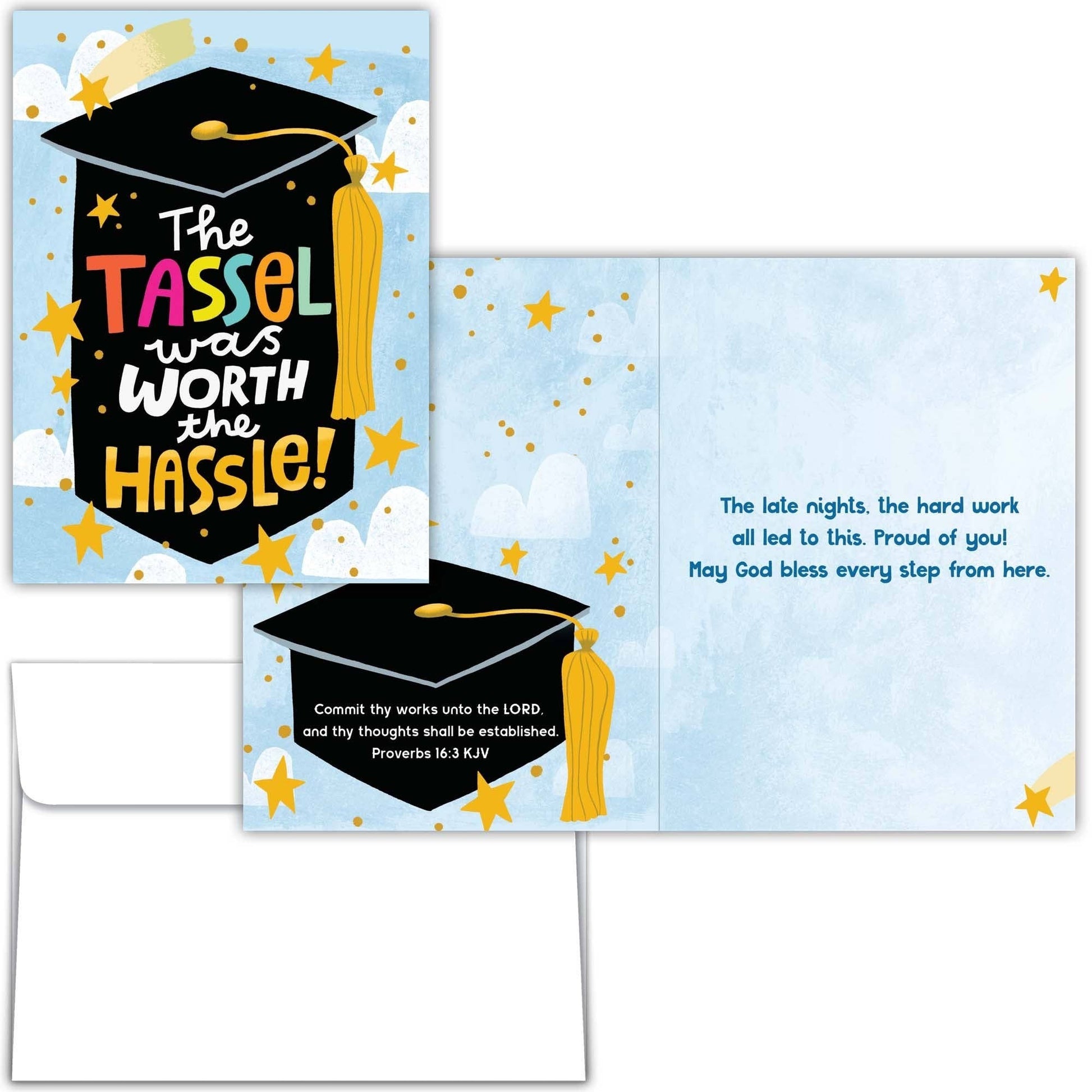 Mellow Monkey boxed set of religious graduation cards featuring a black mortarboard cap and KJV scripture verses.