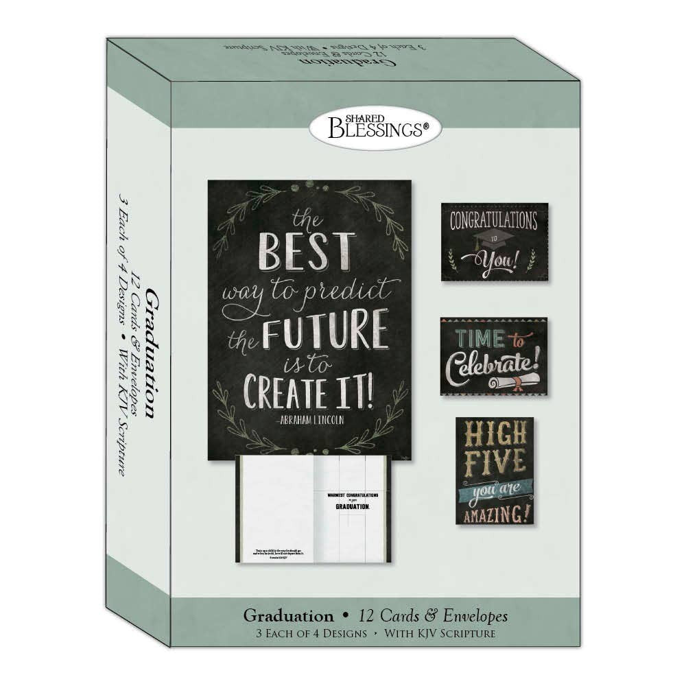 Mellow Monkey boxed set of 12 Christian graduation greeting cards with KJV scripture and four colorful designs.