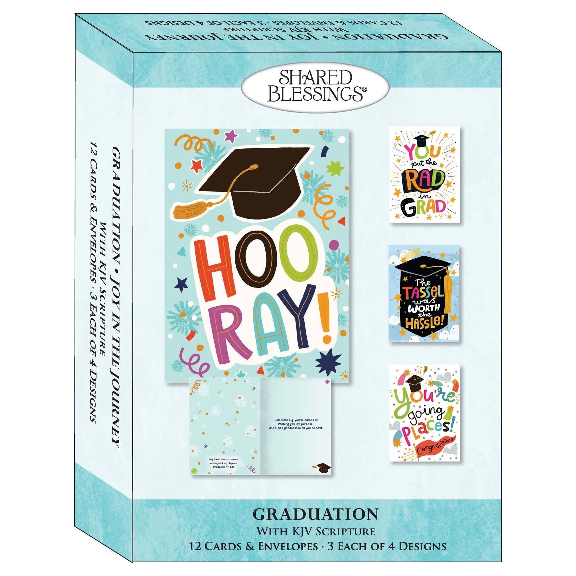 Mellow Monkey boxed set of 12 colorful Christian graduation cards with KJV scripture and 12 white envelopes.