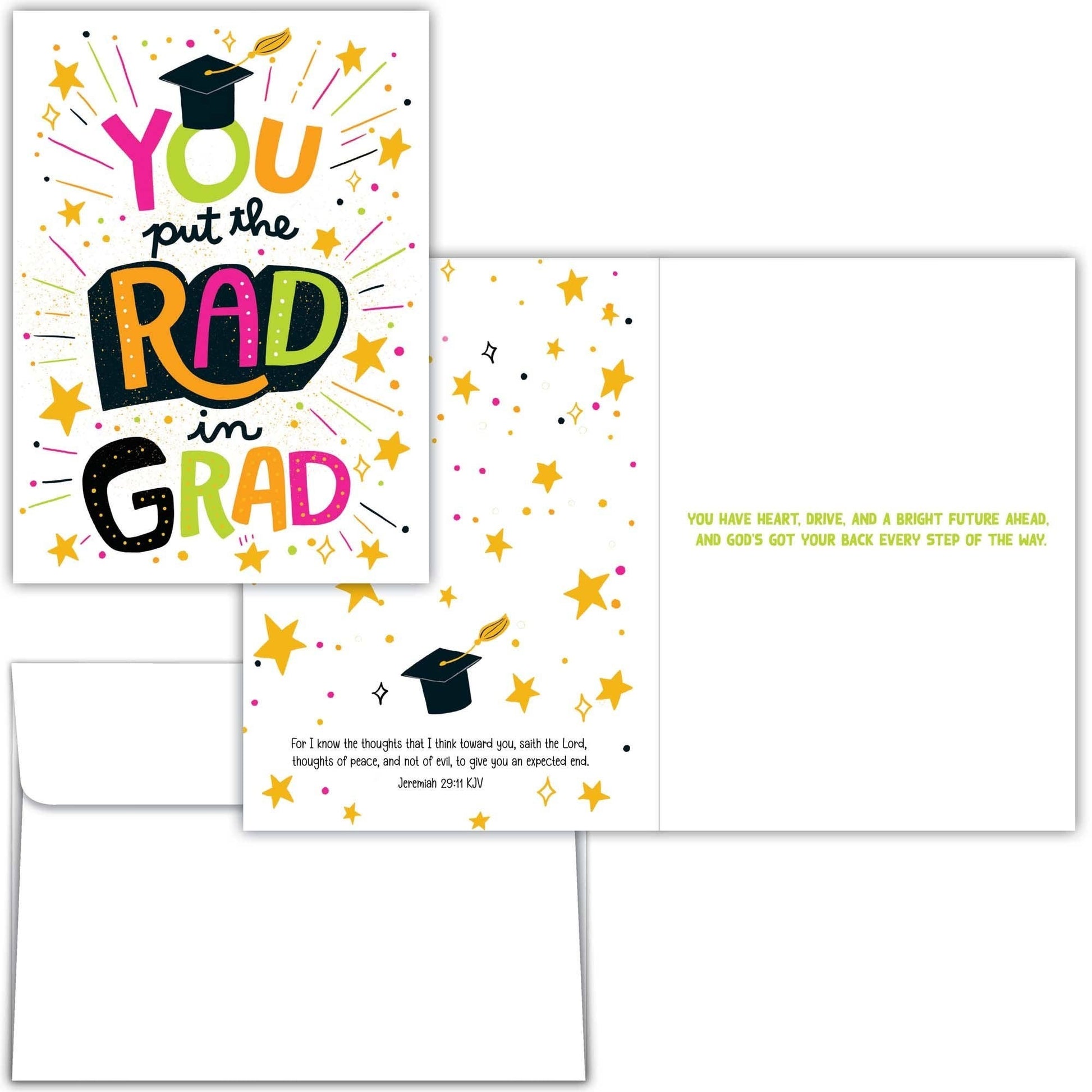 Mellow Monkey boxed set of colorful Christian graduation cards with KJV scripture and matching white envelopes.