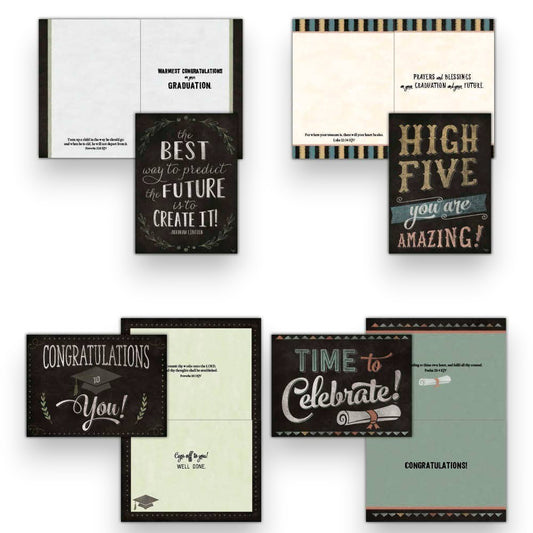 Mellow Monkey boxed set of 12 religious graduation cards with KJV scripture and colorful chalkboard-style designs.
