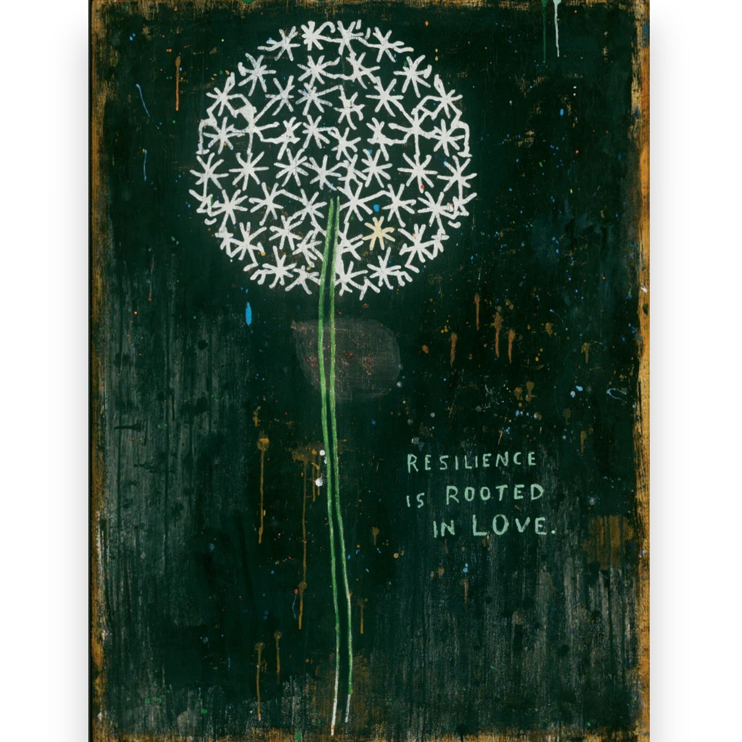 Mellow Monkey Resilience Is Rooted In Love gallery wrap wall art featuring a white dandelion on a dark distressed background
