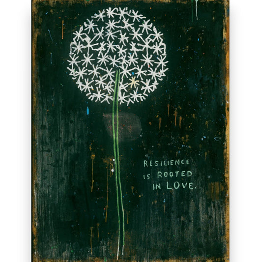 Mellow Monkey Resilience Is Rooted In Love gallery wrap wall art featuring a white dandelion on a dark distressed background