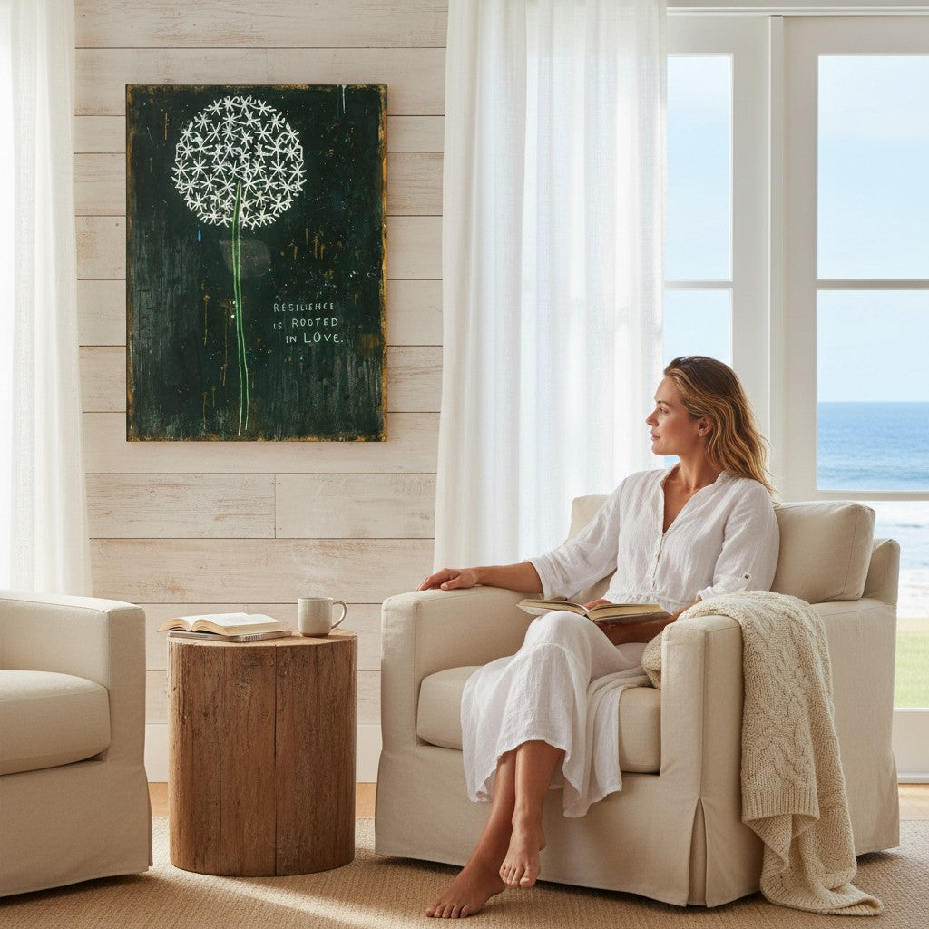 Mellow Monkey wall art featuring a dandelion print with the text Resilience Is Rooted In Love in a coastal living room