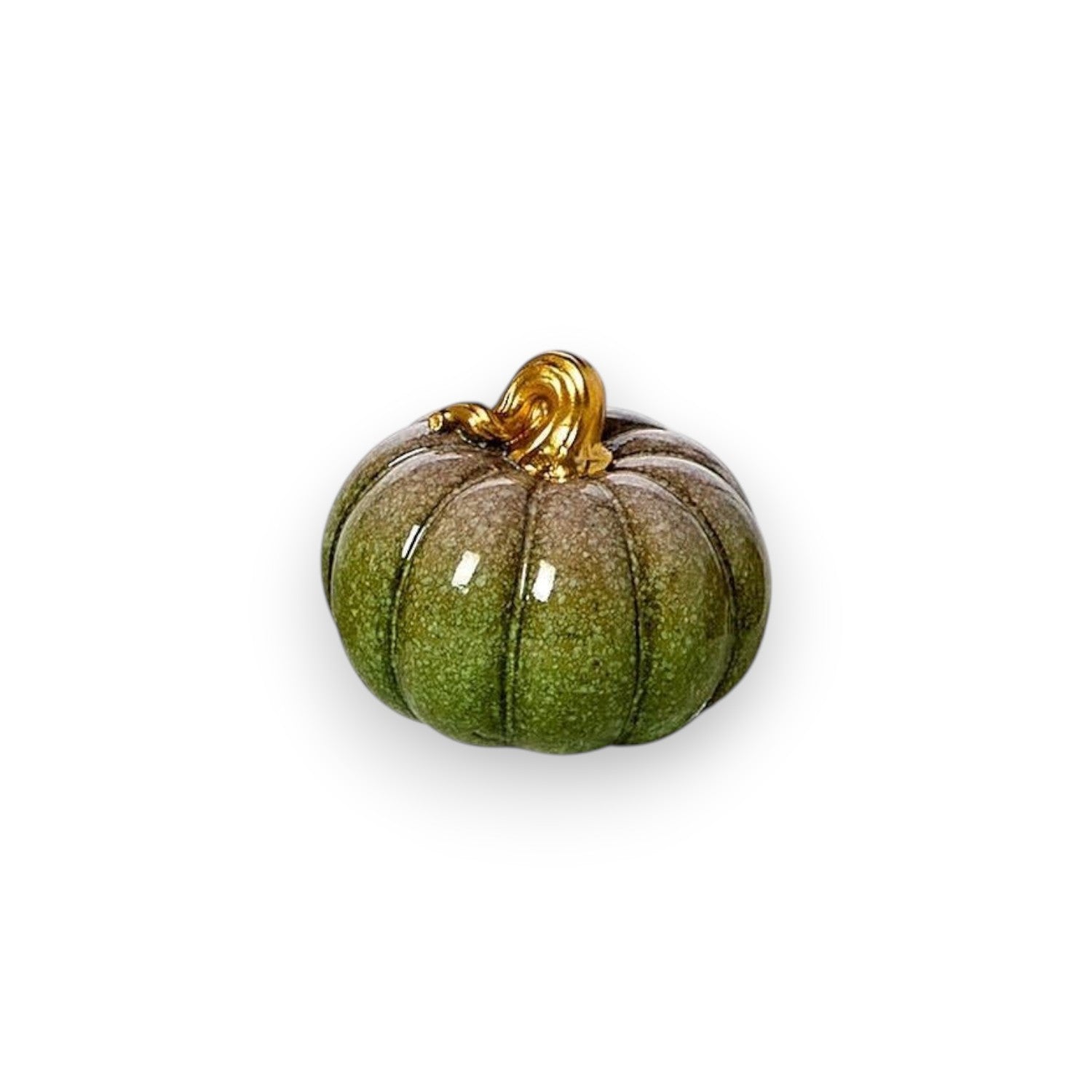 Mellow Monkey set of five hand-painted resin mini pumpkins in assorted autumn colors with glossy gold-tone stems.