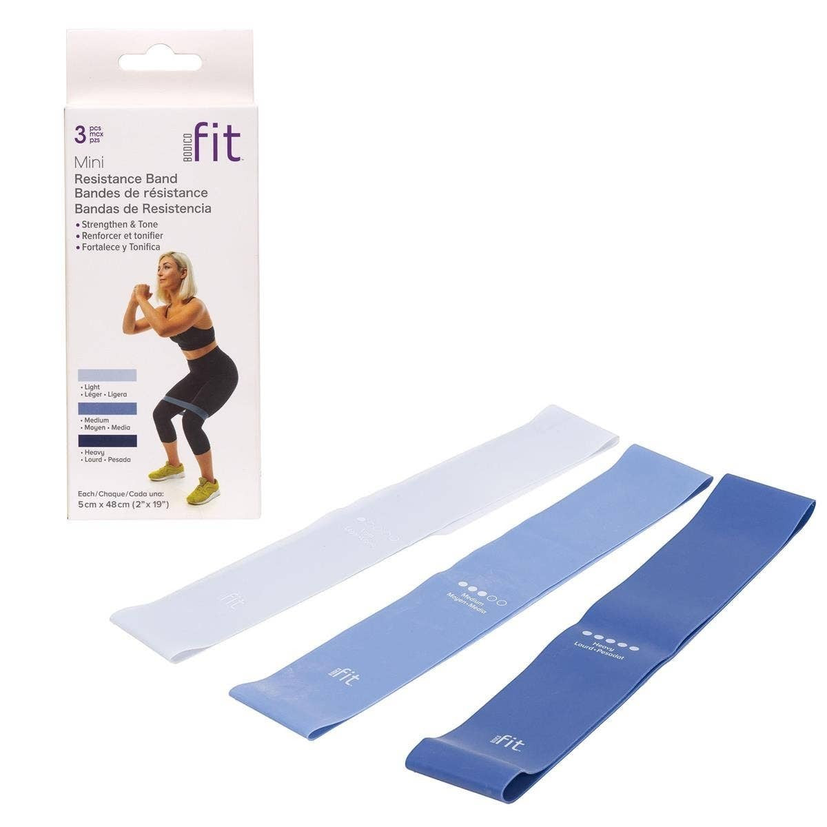 Mellow Monkey Bodico 3pk Mini Resistance Bands in light blue, medium blue, and dark blue for strength training and physical therapy.