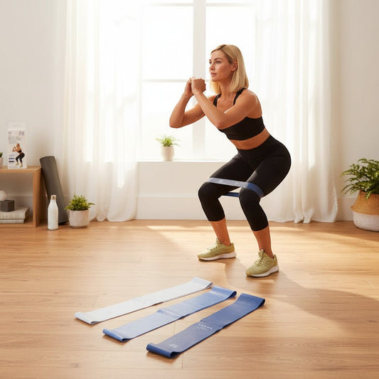 Mellow Monkey 3pk mini resistance bands in white and blue, used by a woman performing a squat exercise.