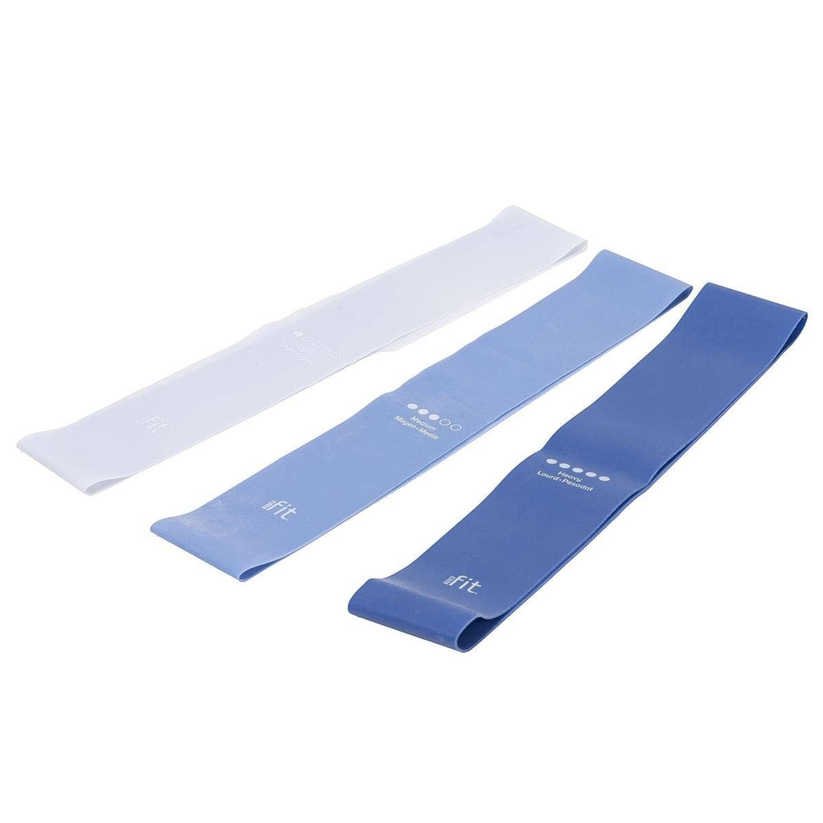 Mellow Monkey Bodico 3pk mini resistance bands in white, light blue, and dark blue for strength training and physical therapy.