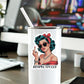 Mellow Monkey Respectfully vinyl sticker featuring a retro pin-up woman in sunglasses on a white tumbler