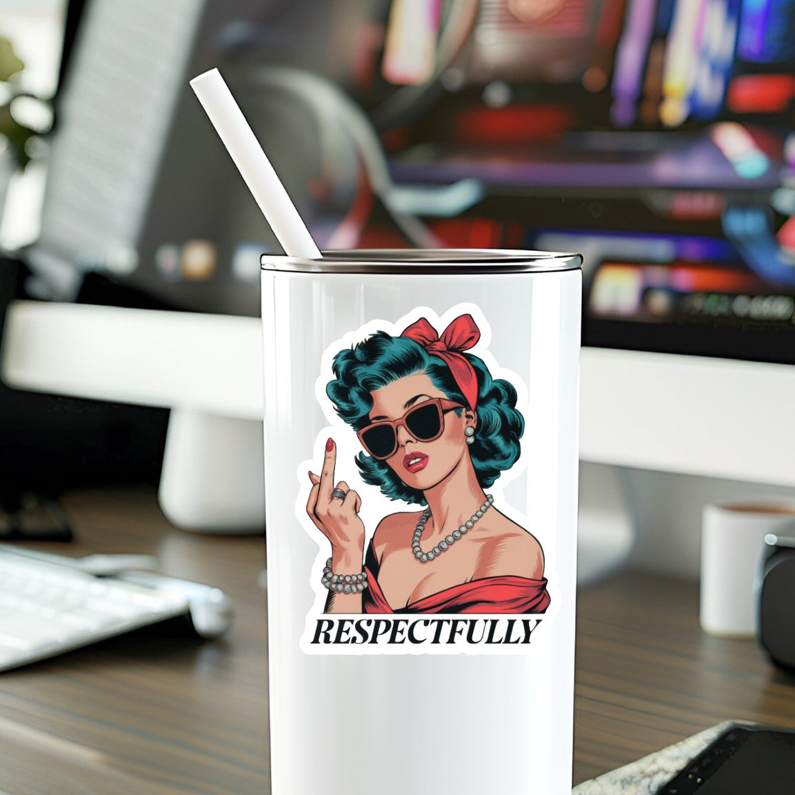 Mellow Monkey Respectfully vinyl sticker featuring a retro pin-up woman in sunglasses on a white tumbler