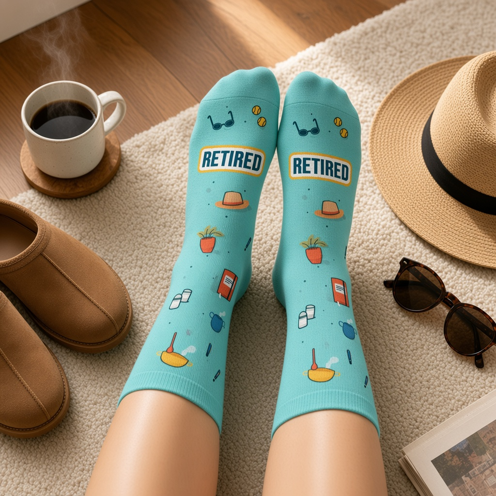 Mellow Monkey light blue retirement socks featuring icons of sunglasses, hats, and books on a cozy floor setting