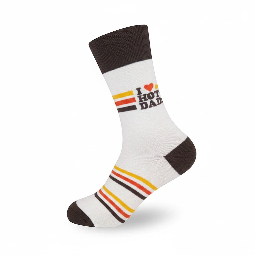 Mellow Monkey crew socks featuring I Love Hot Dads text, retro orange and yellow stripes, and brown heel and toe.