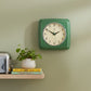 Mellow Monkey retro square green wall clock with cream face and black numbers, 9.25-in