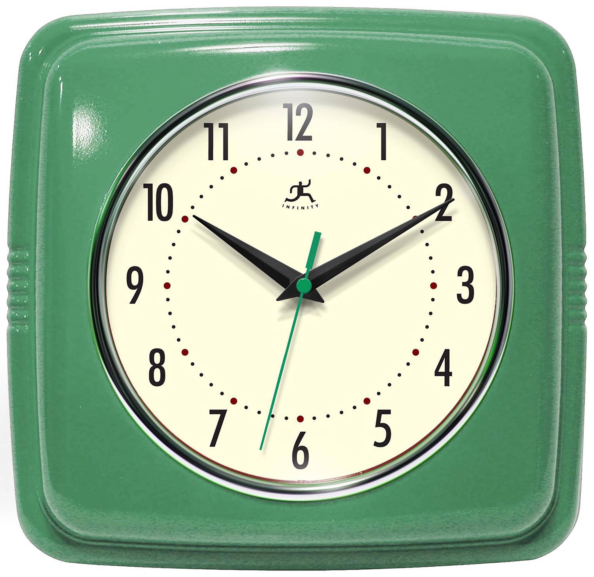 Mellow Monkey retro square green wall clock with cream face and black hands. 9.25-in.