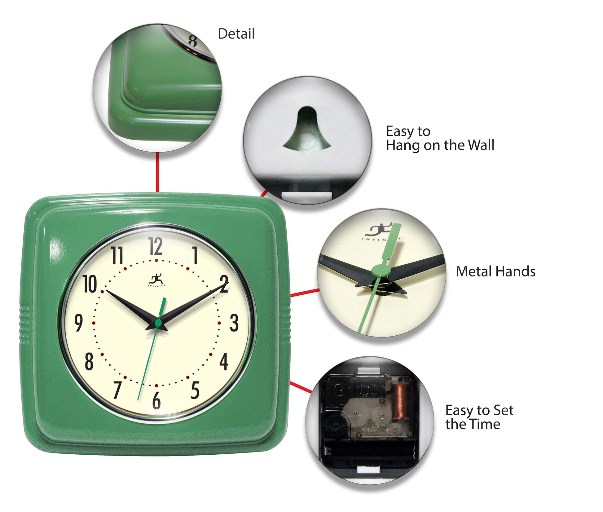 Mellow Monkey retro green square indoor wall clock with cream face and black metal hands. 9.25-in.