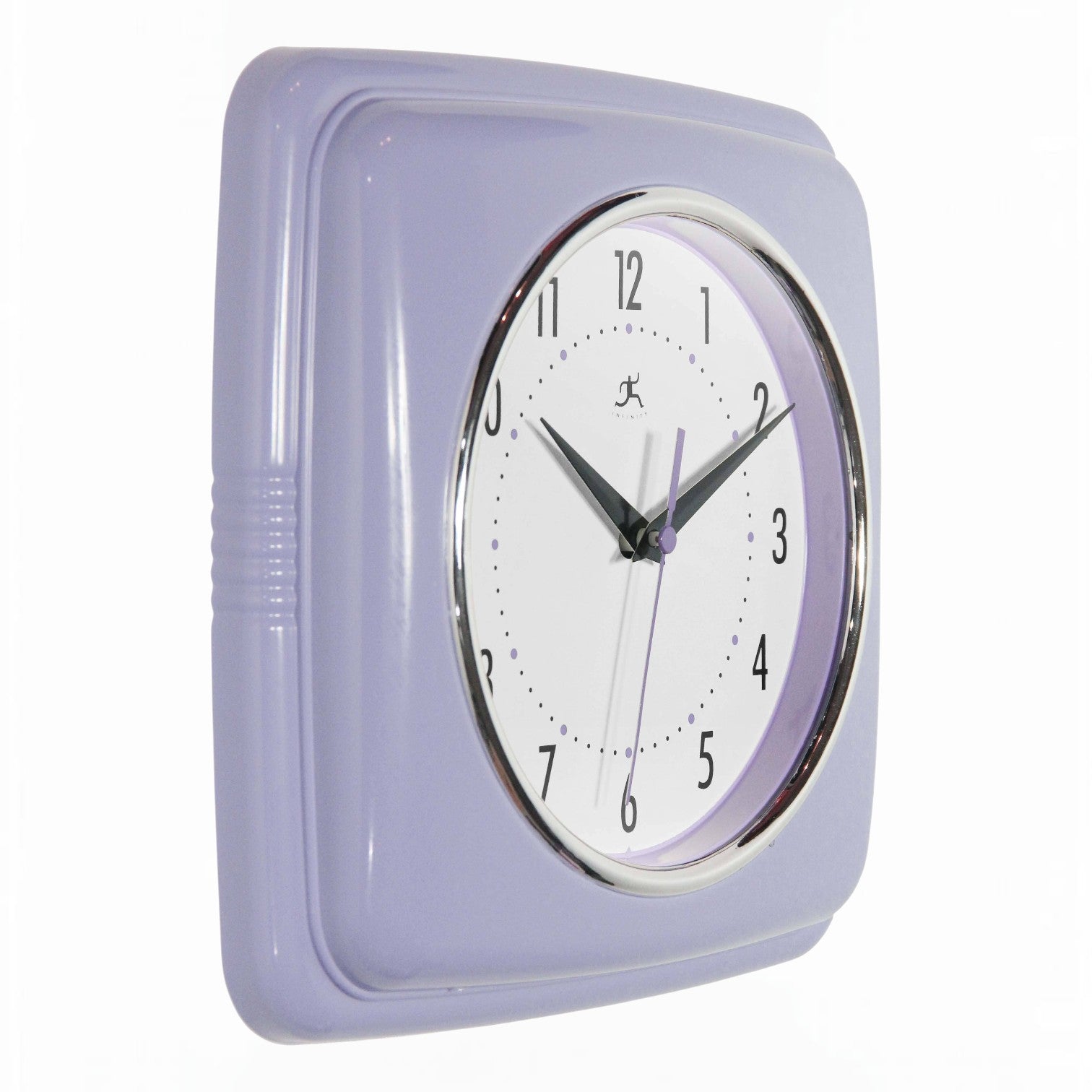 Mellow Monkey retro square lilac wall clock with white face and black hands. 9.25-in.