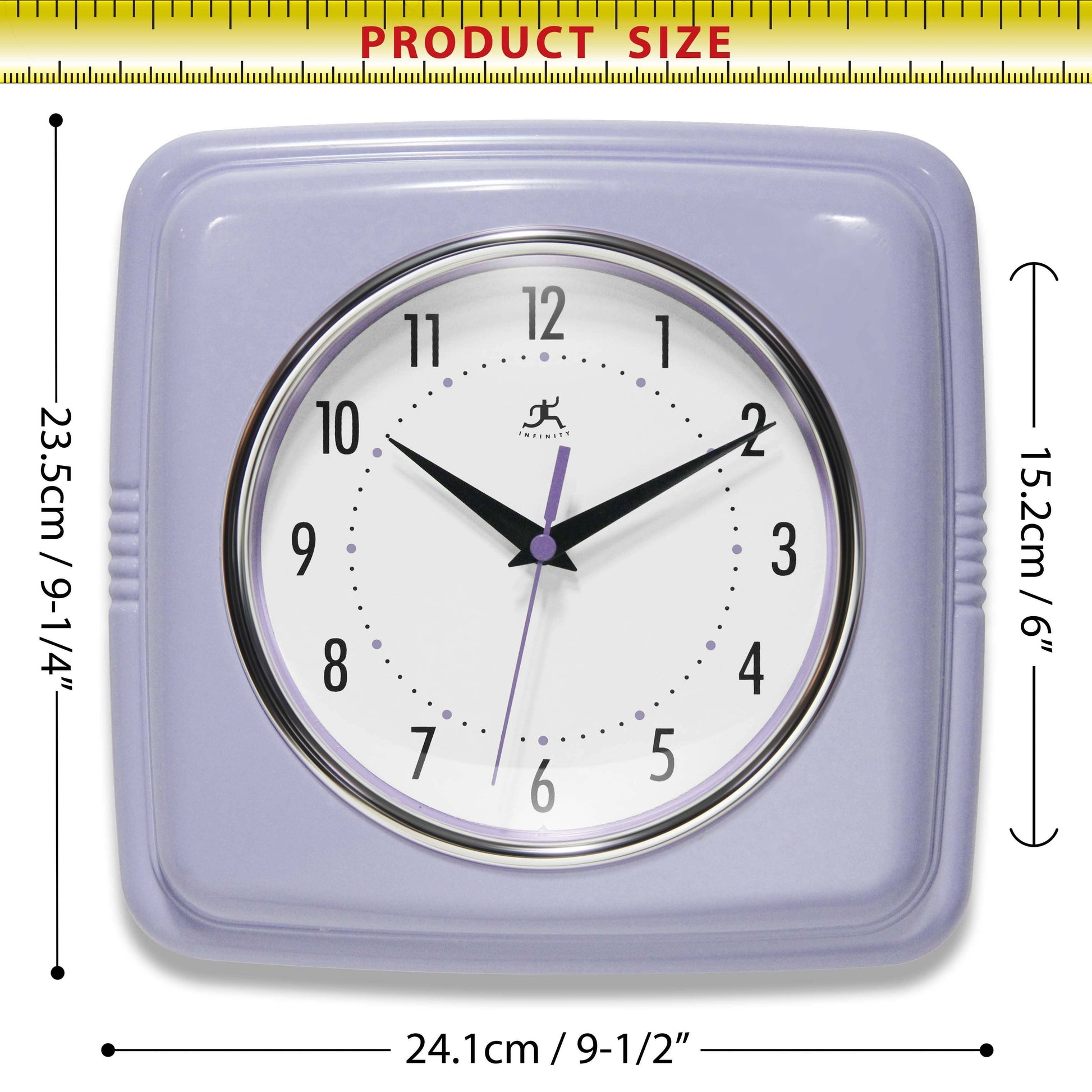 Mellow Monkey retro lilac square wall clock with white face and black hands. 9.25-inch.