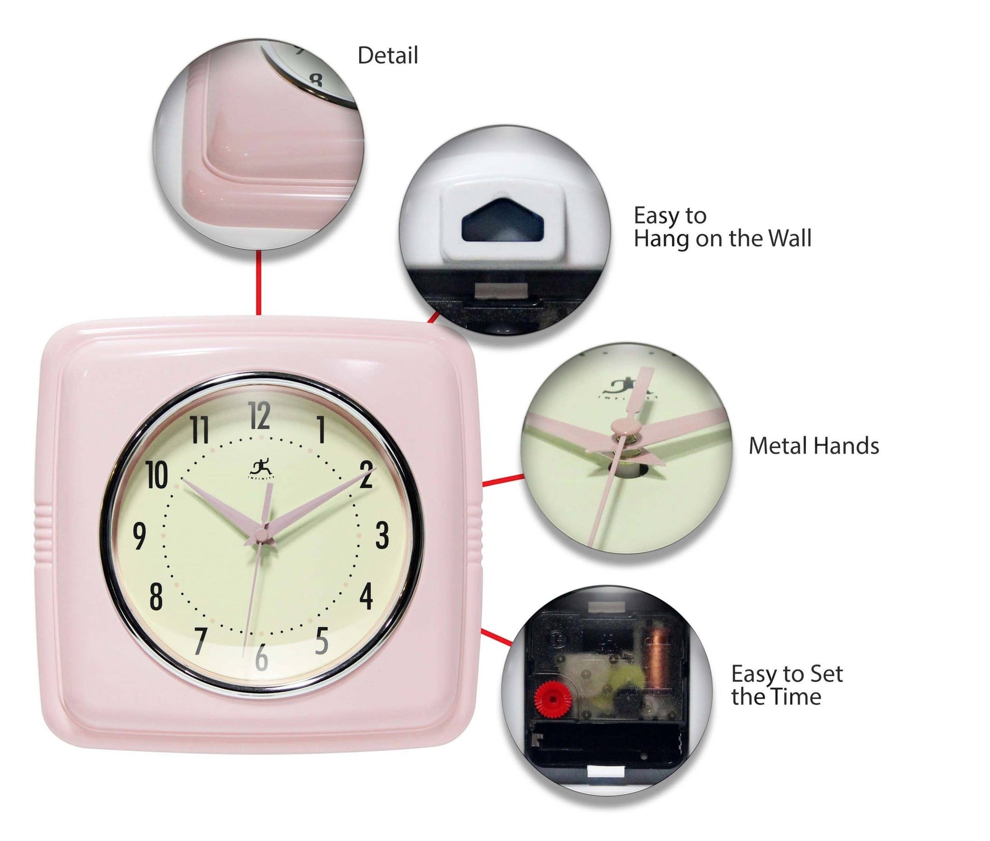 Mellow Monkey retro square pink indoor wall clock with cream face and metal hands, 9.25-in
