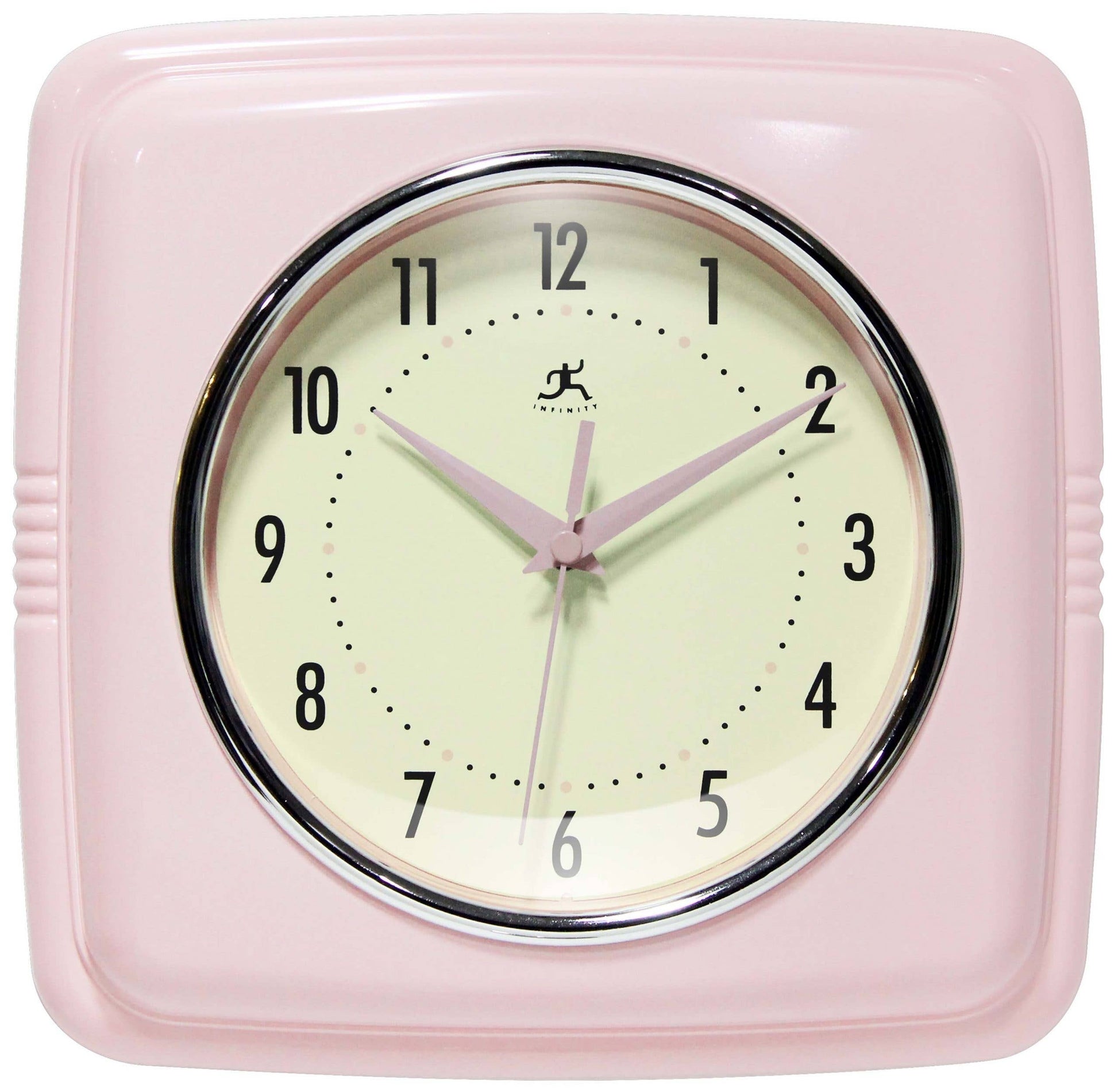 Mellow Monkey retro square pink wall clock with cream face and pink hands. Features a chrome bezel and ribbed sides.