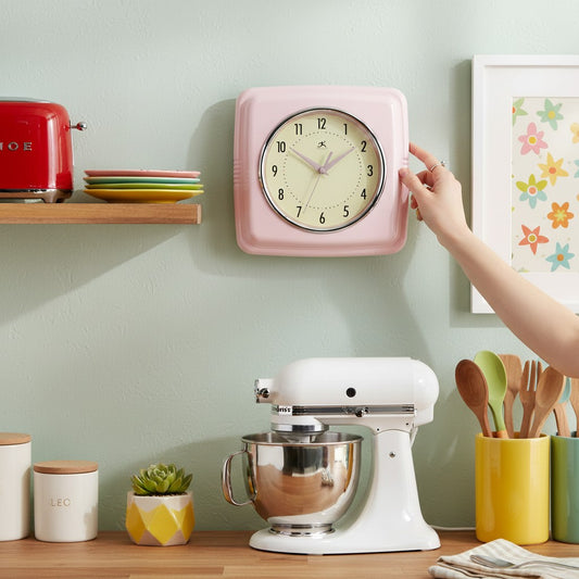 Mellow Monkey retro square pink wall clock with cream face and pink hands. 9.25-in.