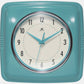 Mellow Monkey retro square turquoise wall clock with cream face and black numbers. 9.25-in.