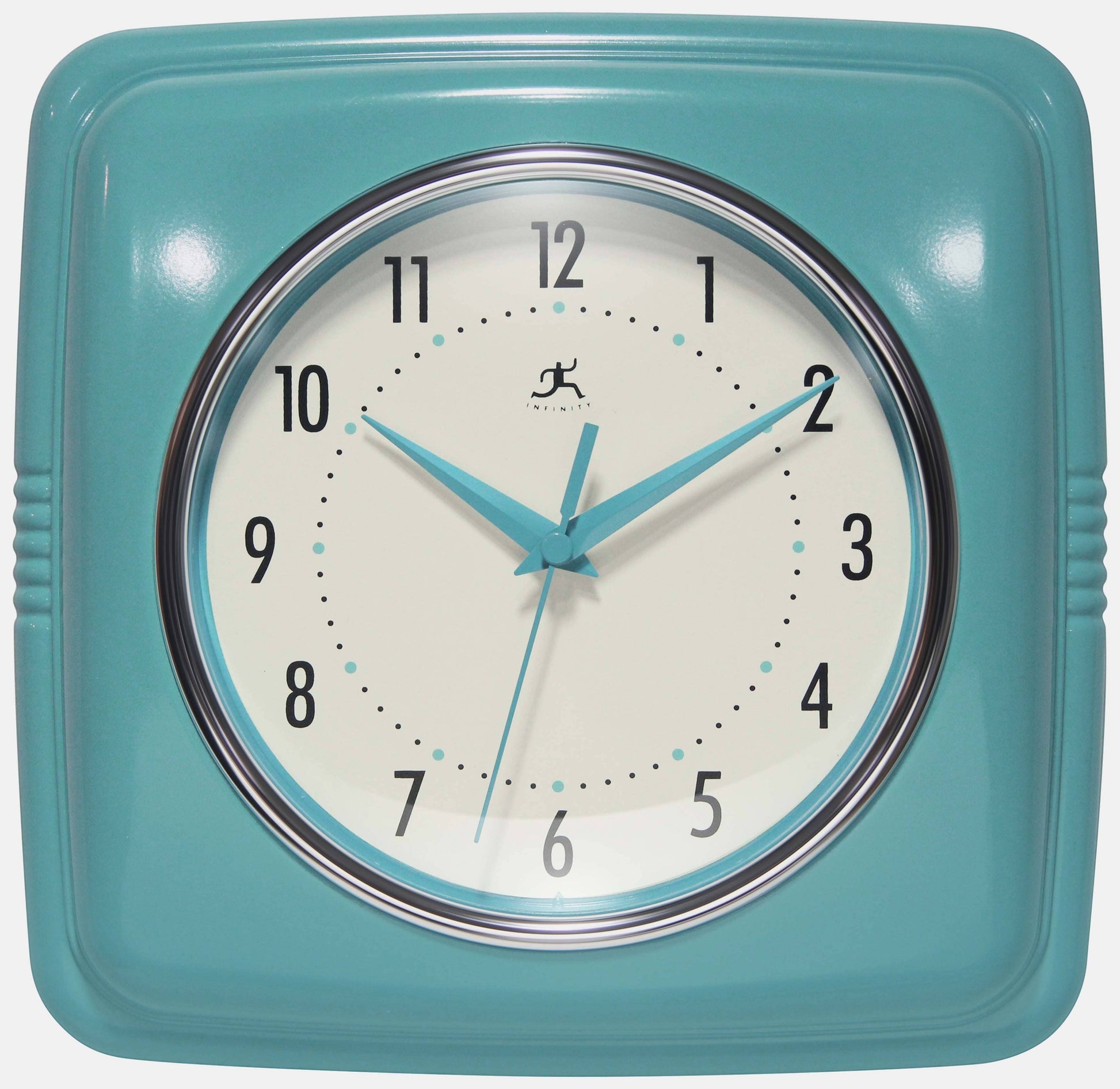 Mellow Monkey retro square turquoise wall clock with cream face and black numbers. 9.25-in.