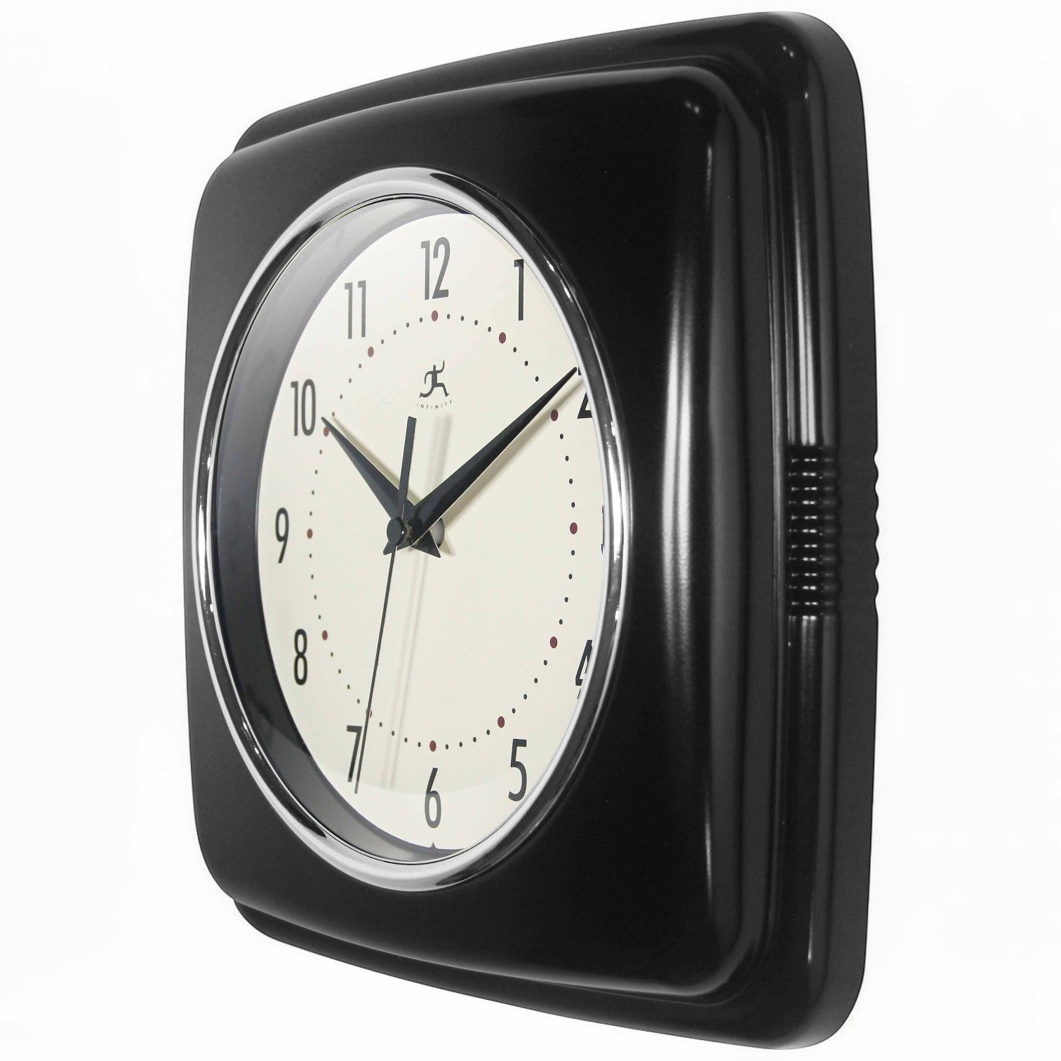Mellow Monkey retro square black wall clock with cream face and chrome bezel. 9.25-in.