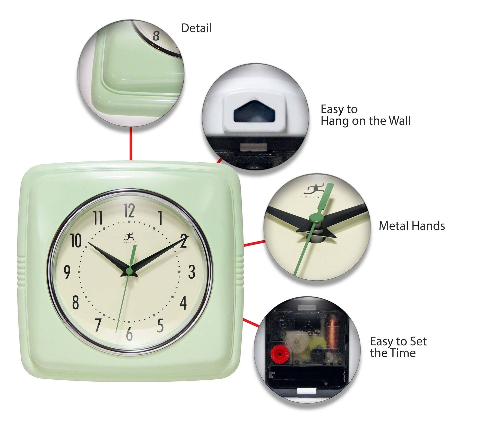 Mellow Monkey retro square light green wall clock with cream face and black metal hands. Easy to hang.