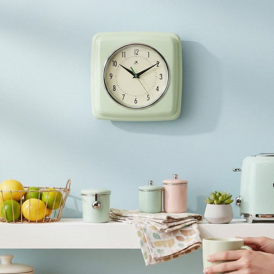 Mellow Monkey retro square green wall clock with white face and black numbers, 9.25-in