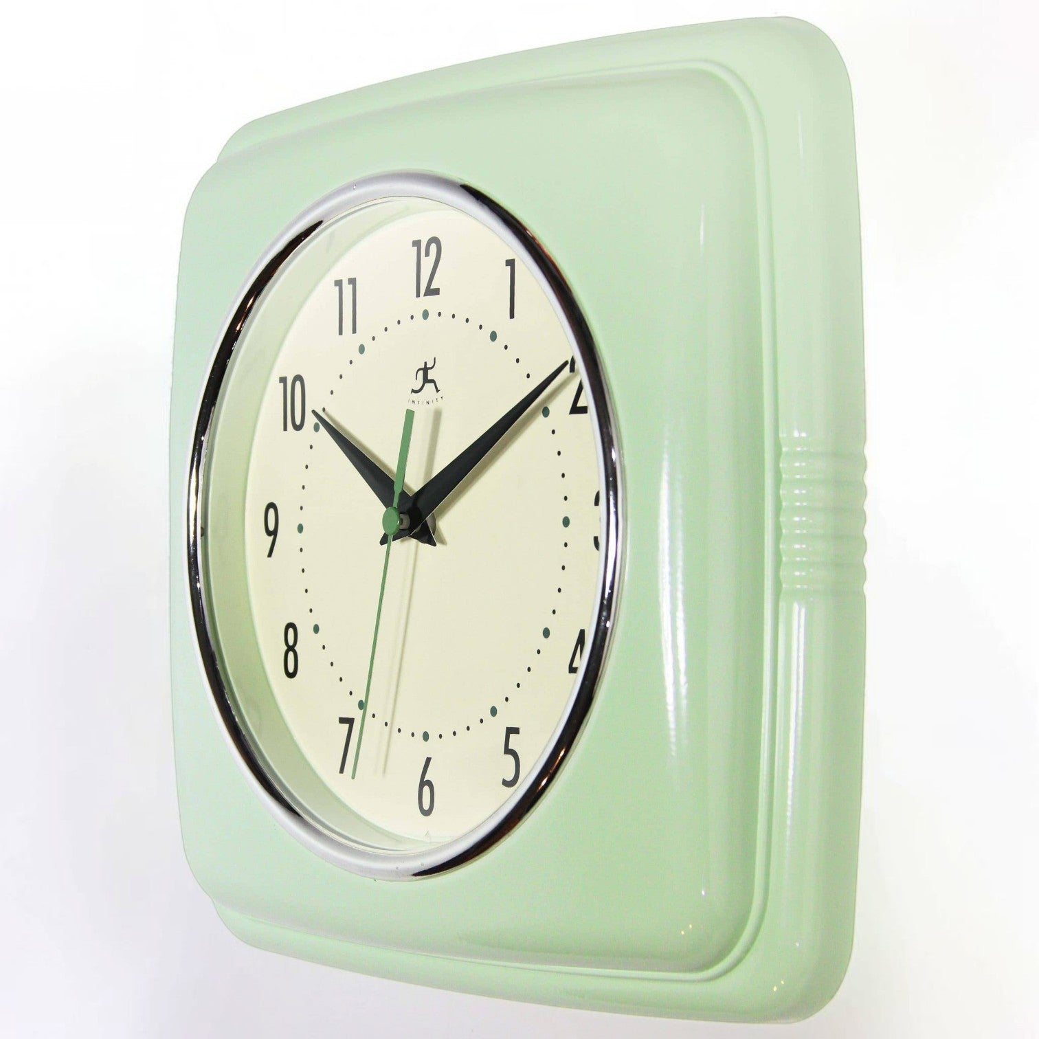 Mellow Monkey retro square wall clock in light green with a cream face and black hands. 9.25-in.