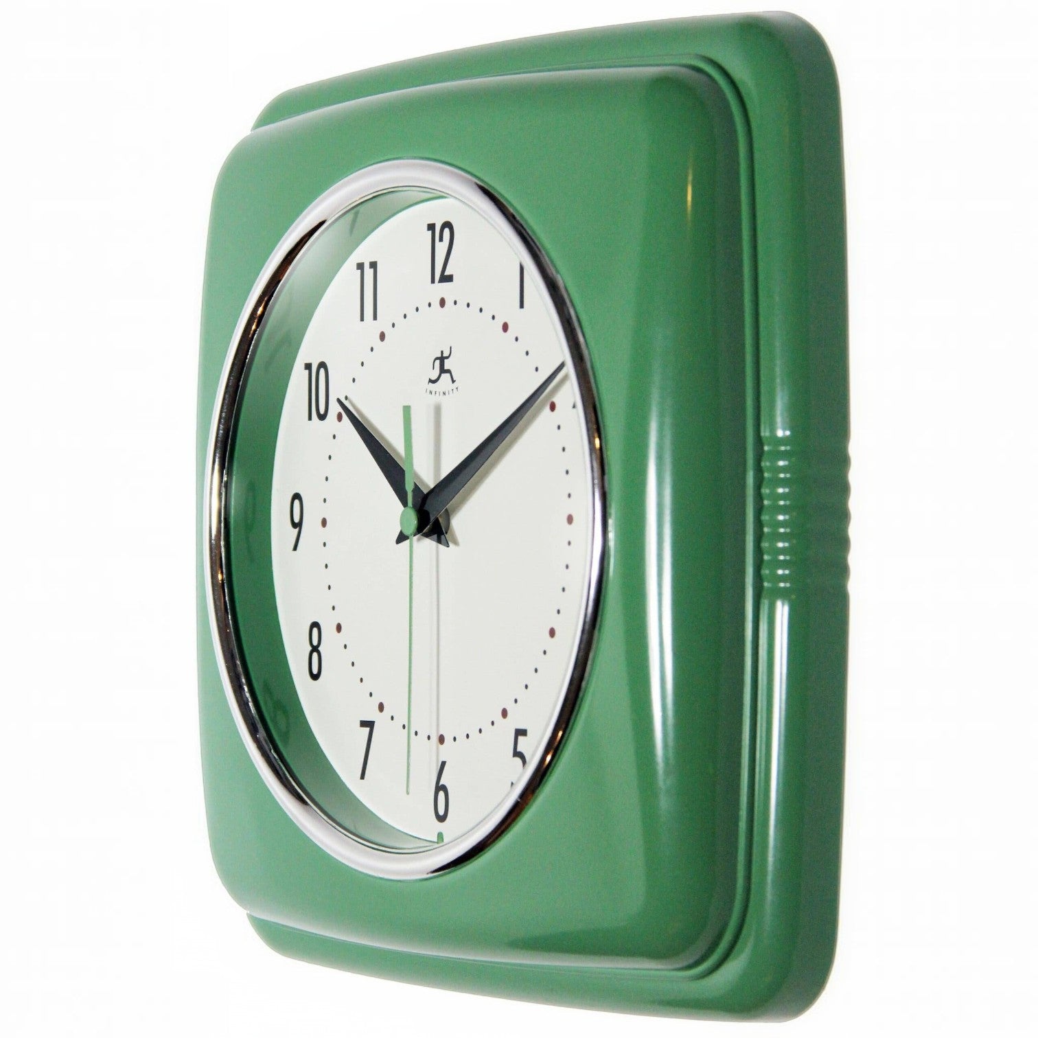 Mellow Monkey retro square green wall clock with white face and chrome bezel. 9.25-in.