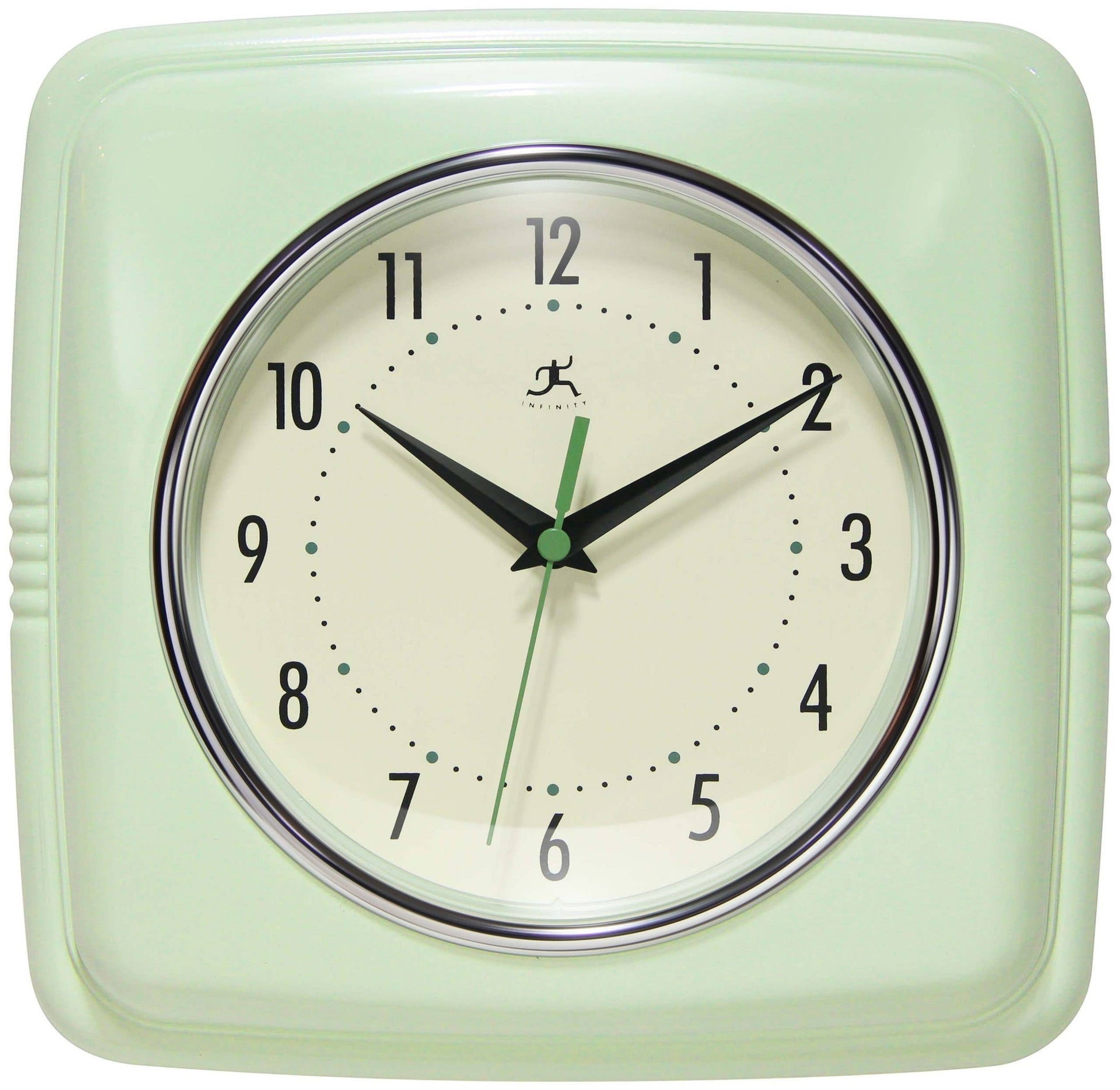 Mellow Monkey retro square wall clock in light green with a cream face and black hands.