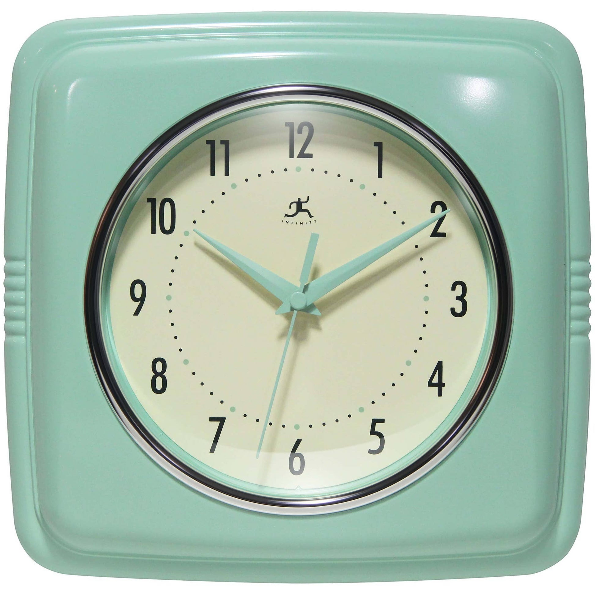 Mellow Monkey retro square pastel green wall clock with cream face and black numbers. 9.25-in.