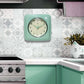 Mellow Monkey retro square pastel green wall clock with cream face and black numbers, 9.25-in