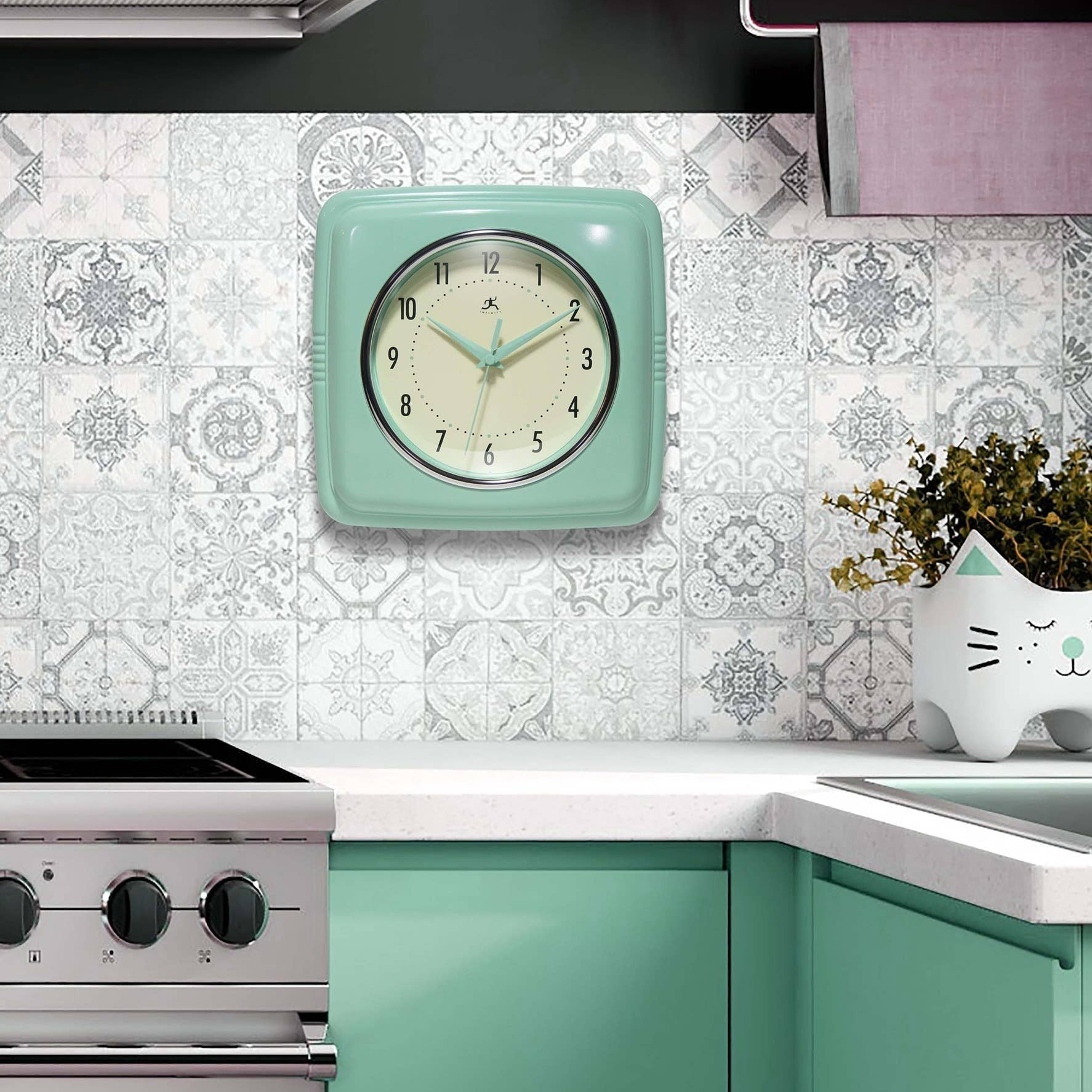 Mellow Monkey retro square pastel green wall clock with cream face and black numbers, 9.25-in
