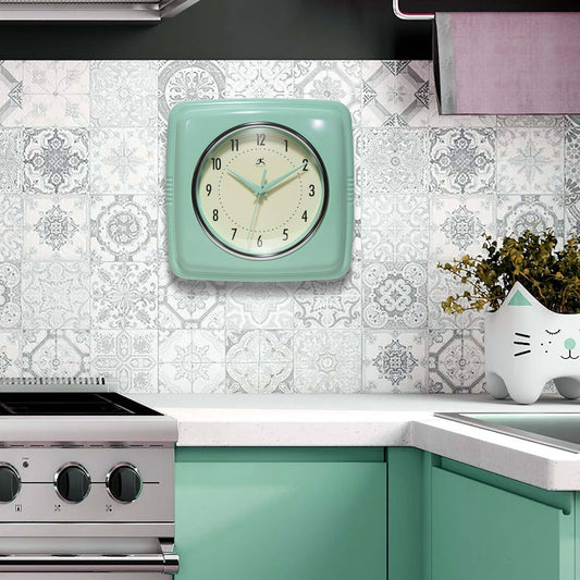 Mellow Monkey retro square pastel green wall clock with cream face and black numbers, 9.25-in